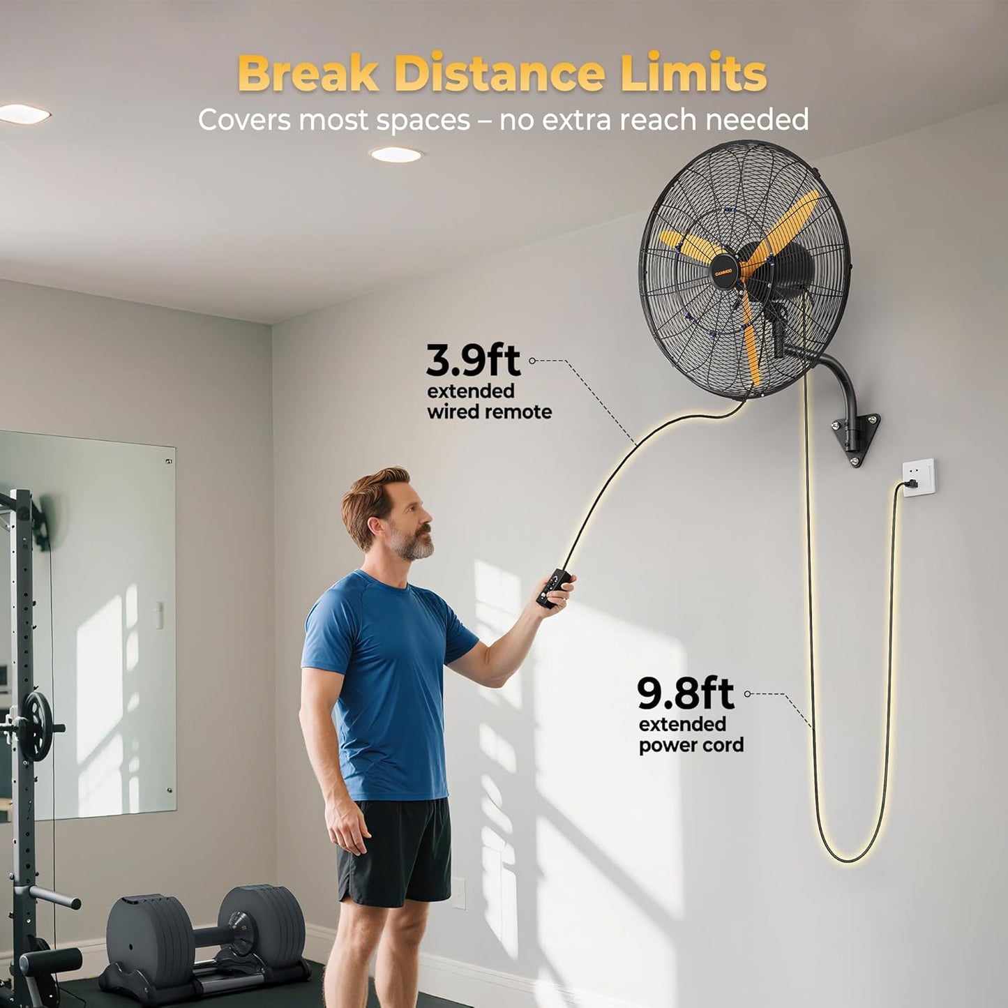 24 Inch Oscillating Misting Wall Mount Fan, Extra Long 3.9ft Wired Remote and 9.8ft Power Cord, IP44 Industrial Commercial Wall Mounted Fan for Greenhouse, Garage, Workshop, Covered Patio