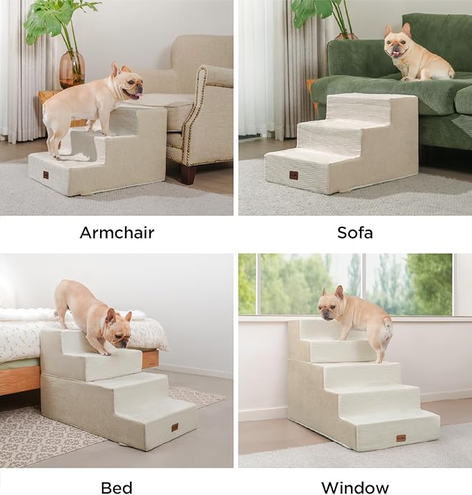Made4Pets Dog Stairs for High Bed, Extra Wide Pet Stairs for Bed Couch Sofa, 35D Foam Pet Steps for Small Dogs and Cats, Non-Slip Bottom Dog Steps, Beige, 5 Steps