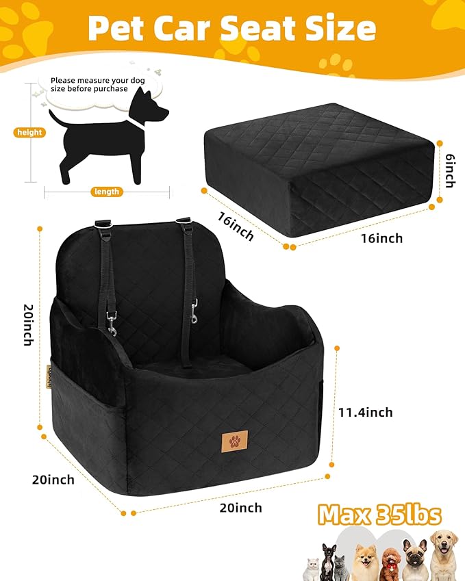 Car Seat Booster for Dog: High-Support Memory Foam Pet Car Seat for Small/Medium Dogs Under 35lbs with Elevated Cushion - Detachable Washable Puppy Travel Bed for Driving with Pockets (Black)