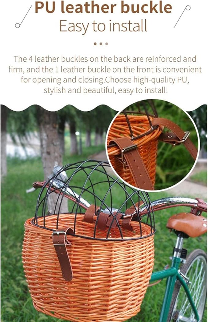 Shiker Bicycle Basket with Wire Mesh Cover, Wicker Bike Basket for Small Dogs Cats, Front Handlebar Bike Basket, Easy to Detachable, 11.81 x 9.84 inch