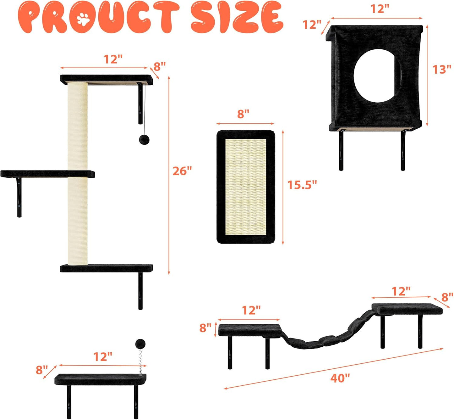 NUNU LAB Wall Mounted Cat Furniture, 5 Pcs Cat Wall Shelves with House, Bridge, Steps, Scratching Post, Shelves, Indoor Safe & Stable Furniture for Kittens Play, Black