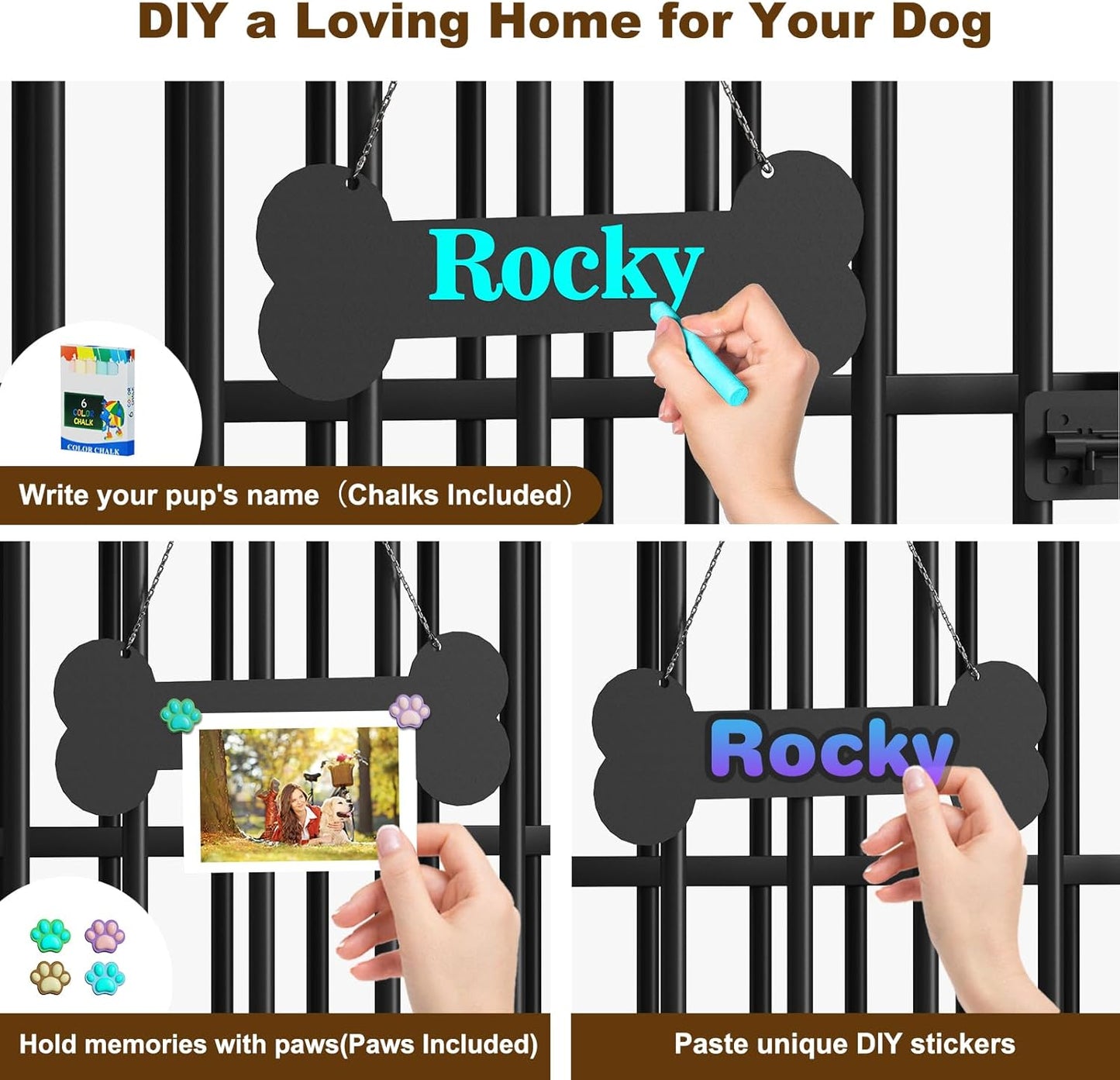 Easycom 41" Dog Crate Furniture Foldable, No Assembly Decorative Dog Kennel Indoor, Dog Crates for Large Dogs (40–65 lbs), Wooden Dog Cage with Adjustable Bowls and Name Tag, End Table, Rustic Brown