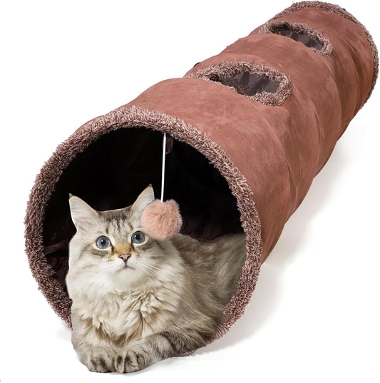 ZENFUN 51"x 12" Collasiple Cat Play Tunnel, Cats Tubes and Tunnels, Cat Foldable Hide and Seek Tunnel Toy, Brown Suede Pet Tube Toy for Rabbits, Ferrets, Puppy, Diameter 12 Inch