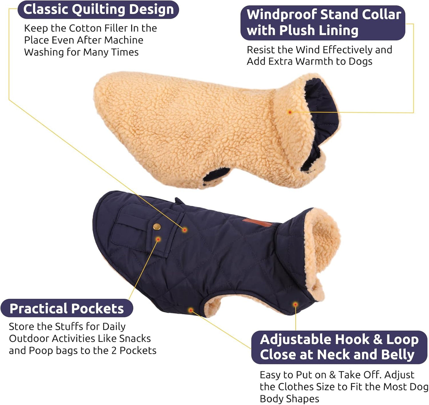 Queenmore Warm Puffer Dog Coat, Quilting Winter Jacket Ultra Thick Plush Lining with Storage Pockets (Dark Navy, Large)