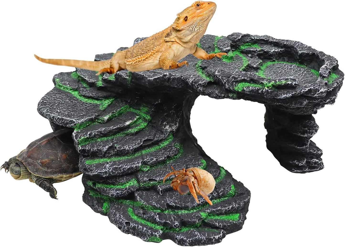 Large Bearded Dragon Basking Platform, Resin Reptile Hideouts Cave, Hermit Crab Climbing Toys, Terrarium Habitat Decor Accessories for Lizard Spider Aquarium Fish Gecko - 9.5 × 8 × 3.7 Inch