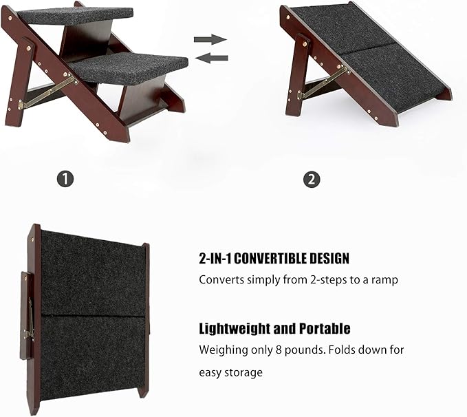 MEWANG Wooden Pet Stairs/Pet Steps - 2-in-1 Foldable Stairs & Ramp for Beds and Cars - Portable Dog/Cat Ladder Up to 110 Pounds
