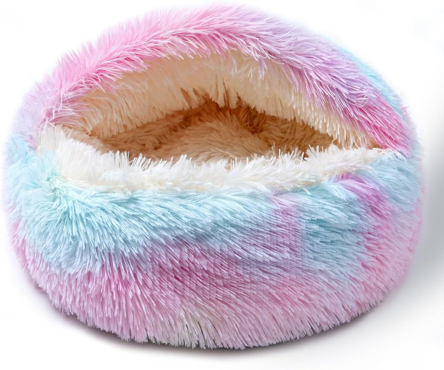 Cat Bed for Indoor Cats, Calming Cozy Cave with Self-Warming Plush, Entire Bed Machine Washable & Anti-Slip Base, Breathable Pet Bed for Small Cats&Dogs All Seasons (Dazzling Colors, 24 * 24inch)