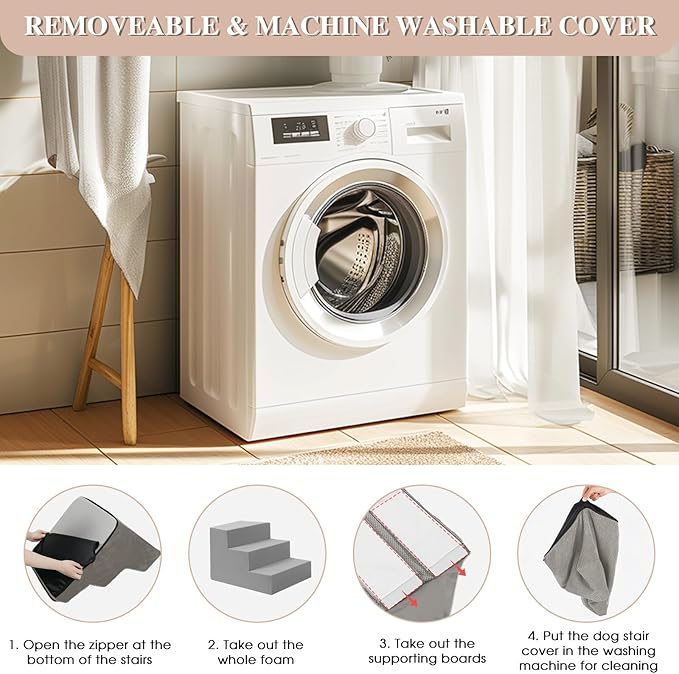 GGIB Dog Stairs for Small Dogs Cats Non-Slip Dog Steps for High Bed Pet Stairs for Sofa Couch Pet Ramp Pet Steps with Removable Washable Cover, Light Grey, 22" H, 5-Step