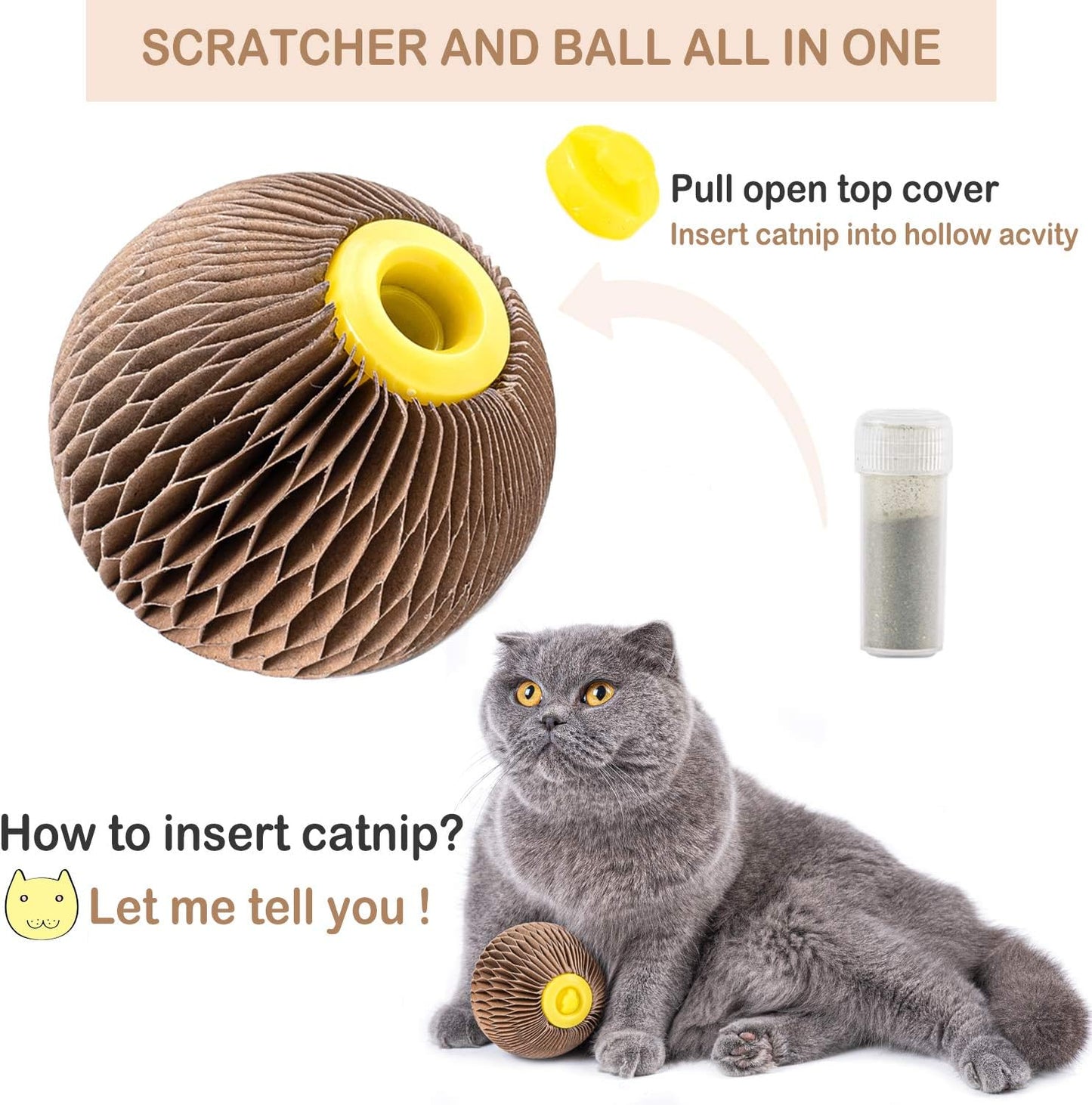 AREIIA Catnip Ball Toy for Cats Catnip Refillable Scratcher Ball Kitty's Faithful Playmate Reduce Obesity and Loneliness CSB01BR