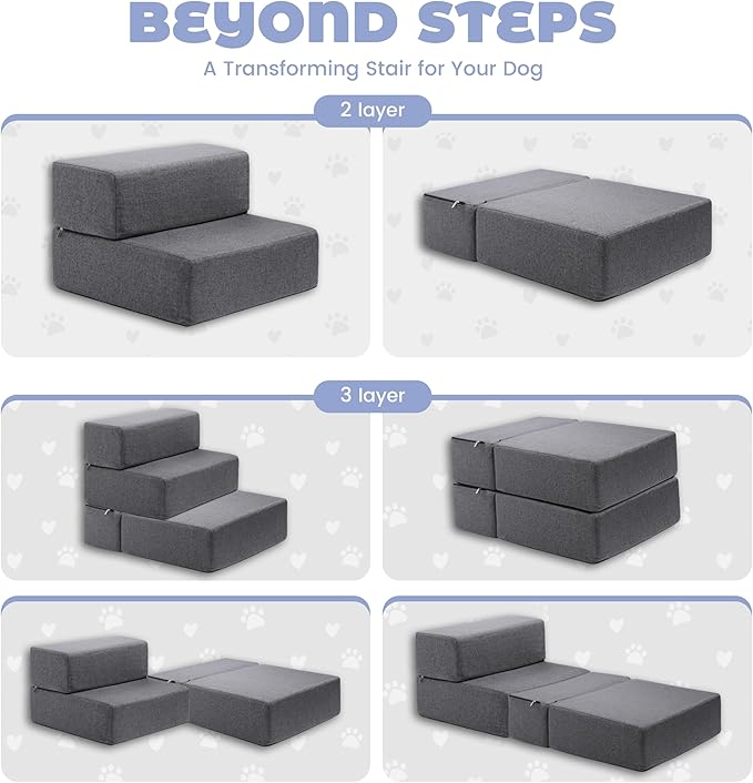 Foldable 18 Inch Wide 3 Step Wide Dog Stairs for Large Dogs, 18 Inch Height Foam Dog Steps for Bed & Couch, Linen Covered Pet Stairs for Dogs to Get on Bed, Outdoor Foam Pet Steps for for Cars & SUV