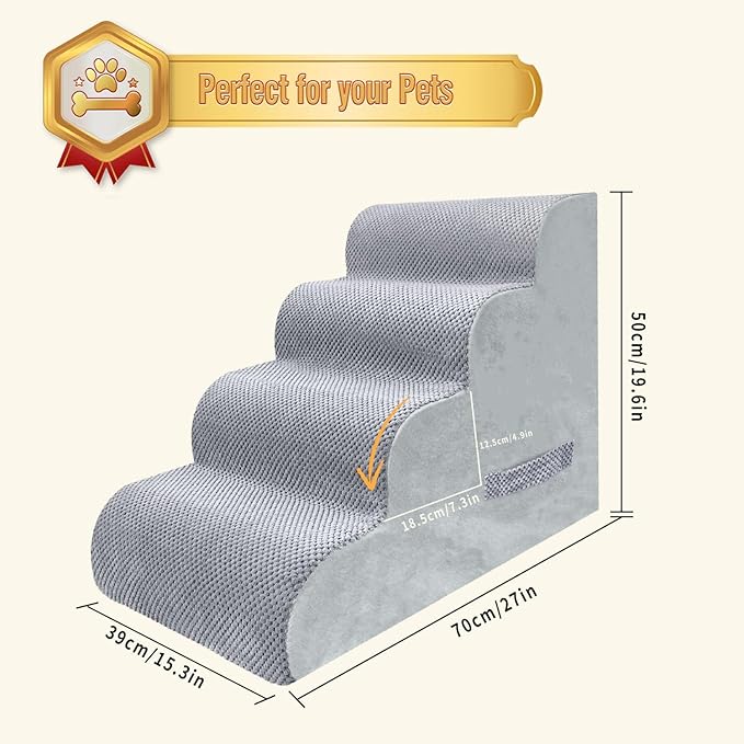 PAWSCART Dog Stairs for Small Dogs and Cats, 4-Step Dog Steps for Bed, 19.6" H Pet Stairs for High Bed, Pet Ramp for Couch, Sofa, Non-Slip Surface Removable Washable Cover, LightGrey