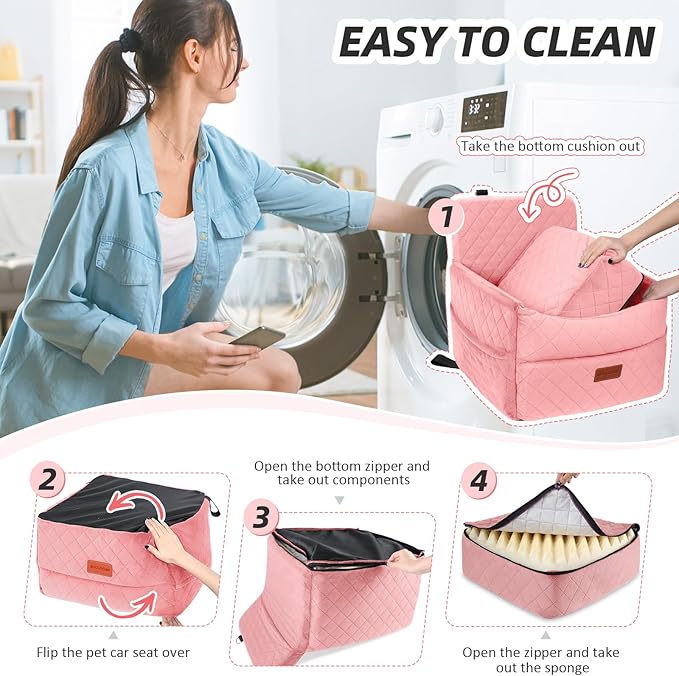 Dog Car Seat for Small Medium Dogs, Memory Foam Puppy Dog Booster Seat with Thick Cushion for Dogs Under 35lbs, Detachable Washable Pet Car Seat Travel Bed with Storage Pockets,2 Safety Belts