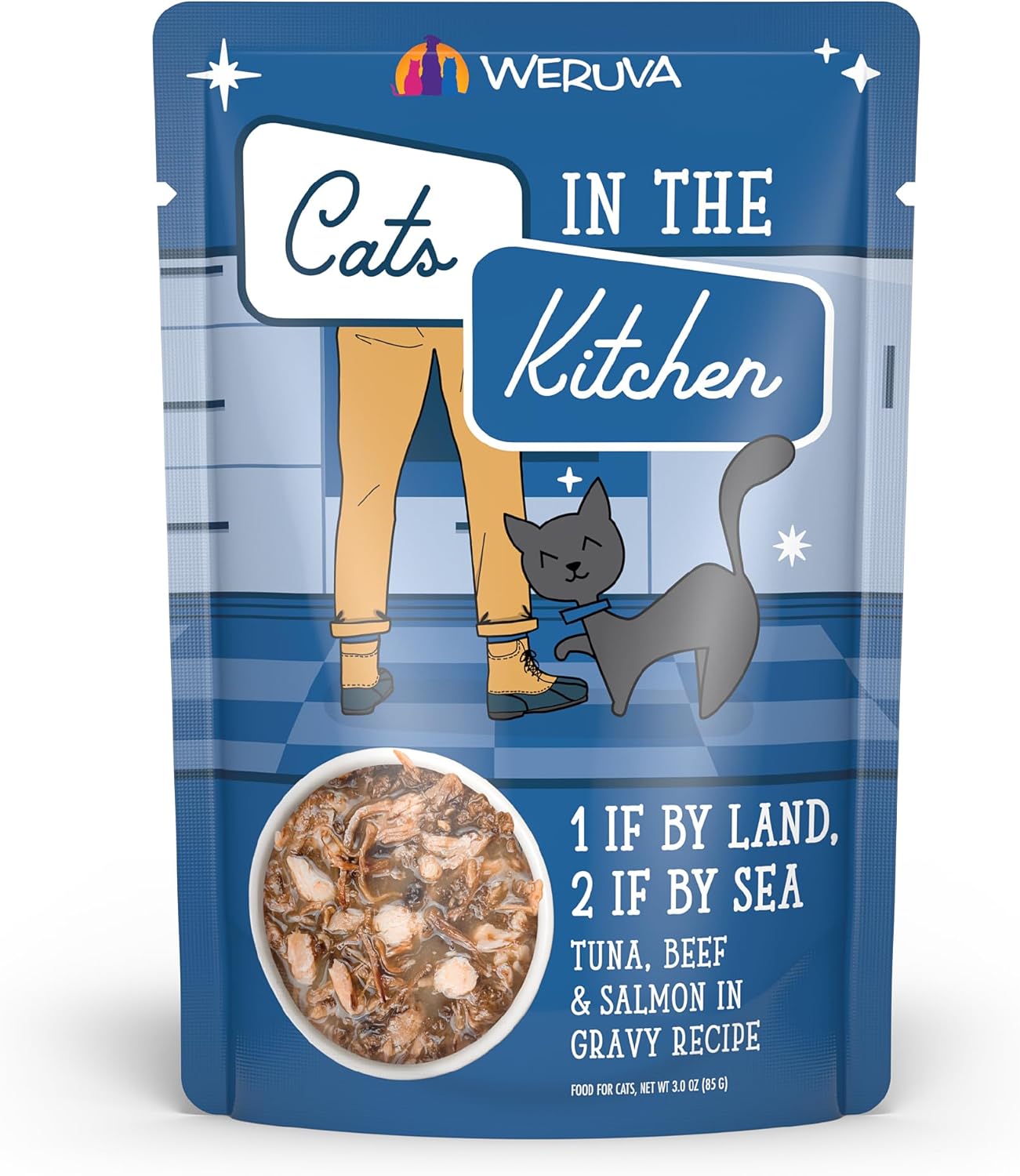 Weruva Cats in The Kitchen, 1 if by Land, 2 if by Sea with Tuna, Beef & Salmon in Gravy Cat Food, 3oz Pouch (Pack of 12)