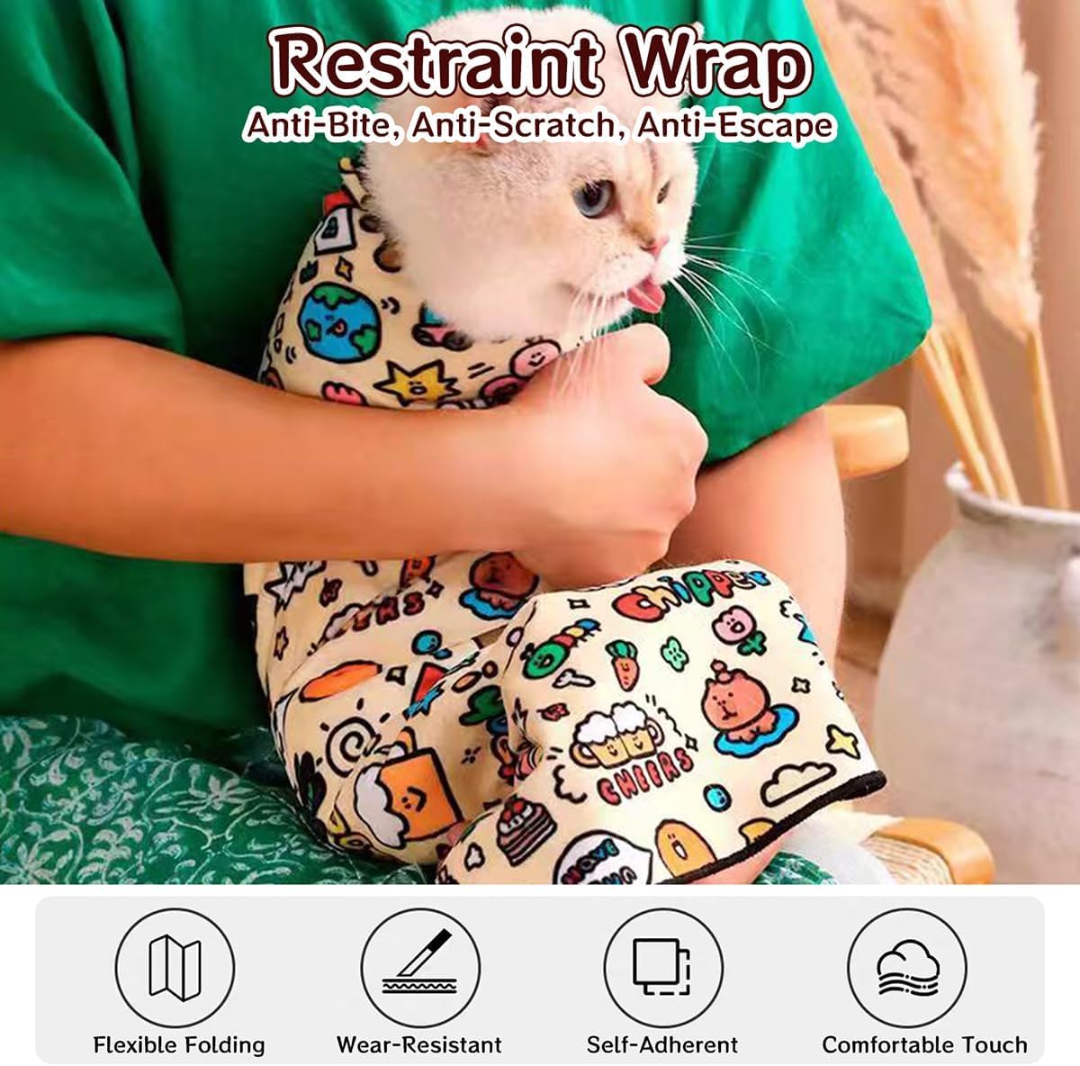MANON ROSA Cat Grooming Wrap – Self-Adherent Anti-Scratch Swaddle Restraint Bag for Nail Cutting, Medication, Multifunctional Care - Calm Cozy Burrito Papoose Pet Magic Blanket (M (Within 9.9lbs))