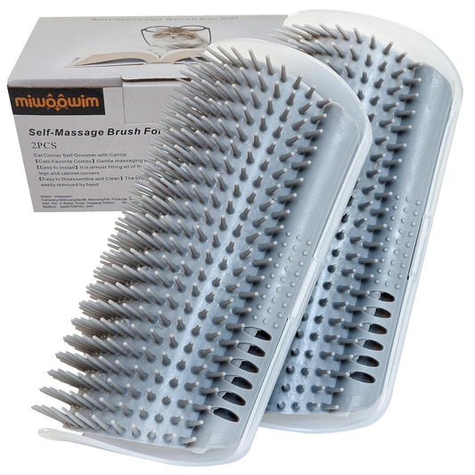 Extended (6.1") 2 Pack Self Grooming Cat Brush - Wall Corner Scratcher with Massage Combs for Long and Short Fur Cats, Kittens (Grey)