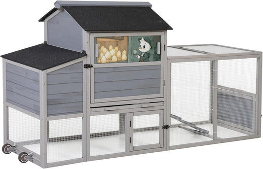 COZIWOW 82" Large Wooden Chicken Coop, Outdoor Rabbit Hutch with Wheels, Sunshine Board, Asphalt Roof, Ramp, Openable Top, Door, Window, Pull-Out Tray, Indoor Bunny Cage (Gray with Pattern)