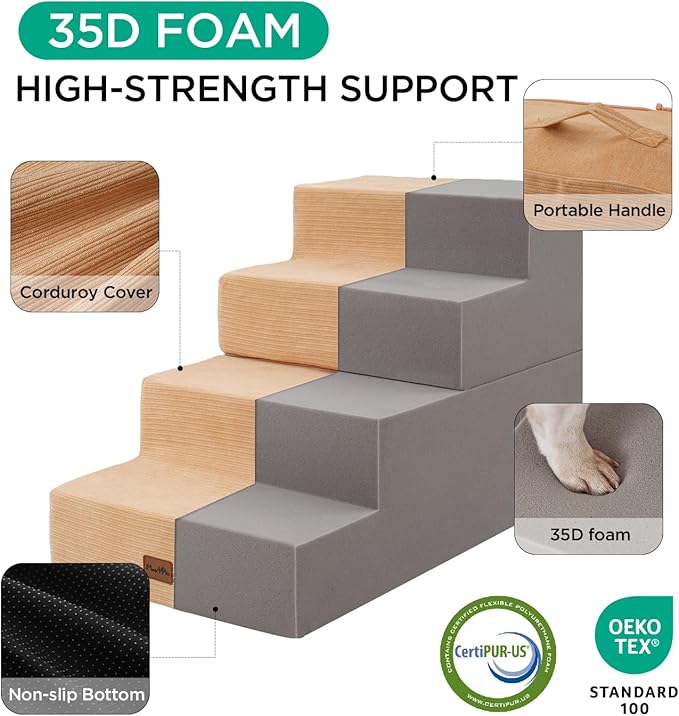 Made4Pets Dog Stairs for Small Dogs, Extra Wide Dog Steps for Bed Couch Sofa and Chair, 35D Foam Pet Steps for Small Dogs and Cats, Non-Slip Bottom Pet Stairs, Tan, 3 Steps