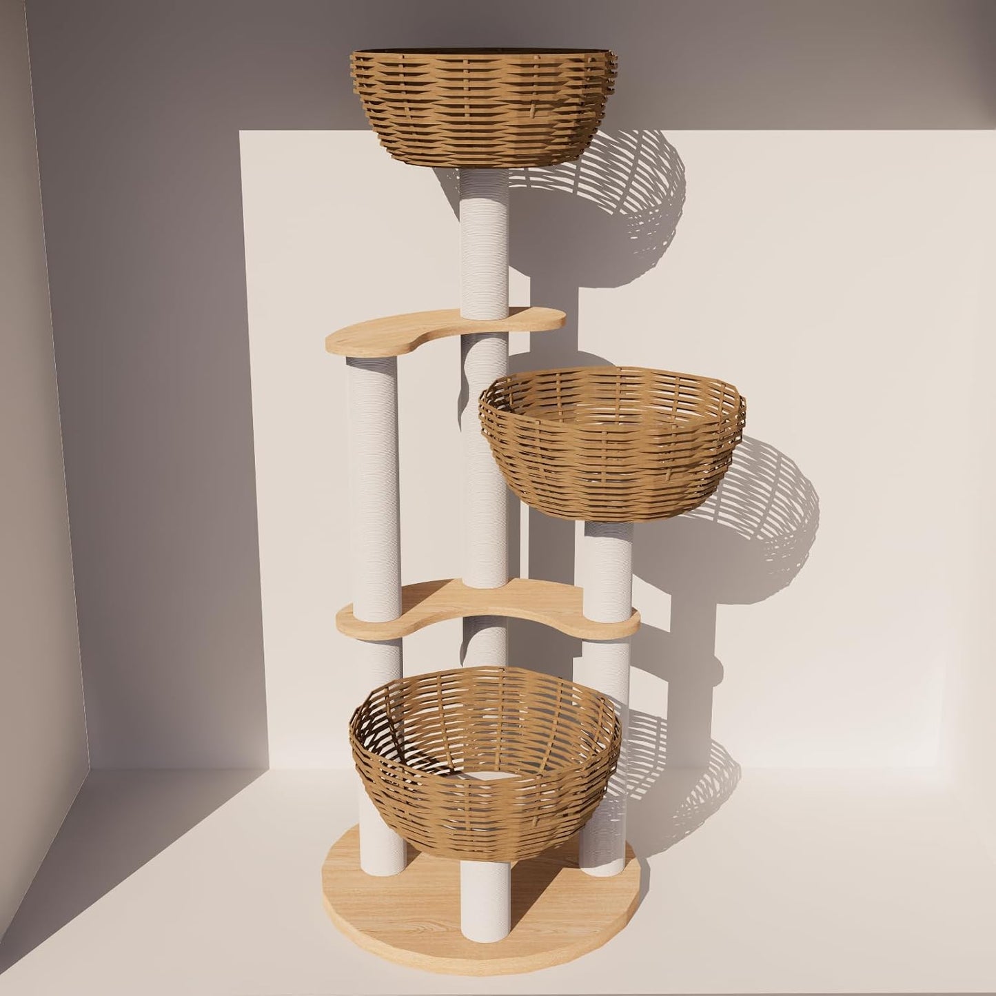 Modern Wood Rattan Cat Tree for Large Cats, Luxury Multi-Level Oak Solid Wood Cat Trees Towers，w/3 Weaving Cat Nests & Washable Cushions, Sisal Scratching Posts, for Indoor Large Cats-No paint/wax oil