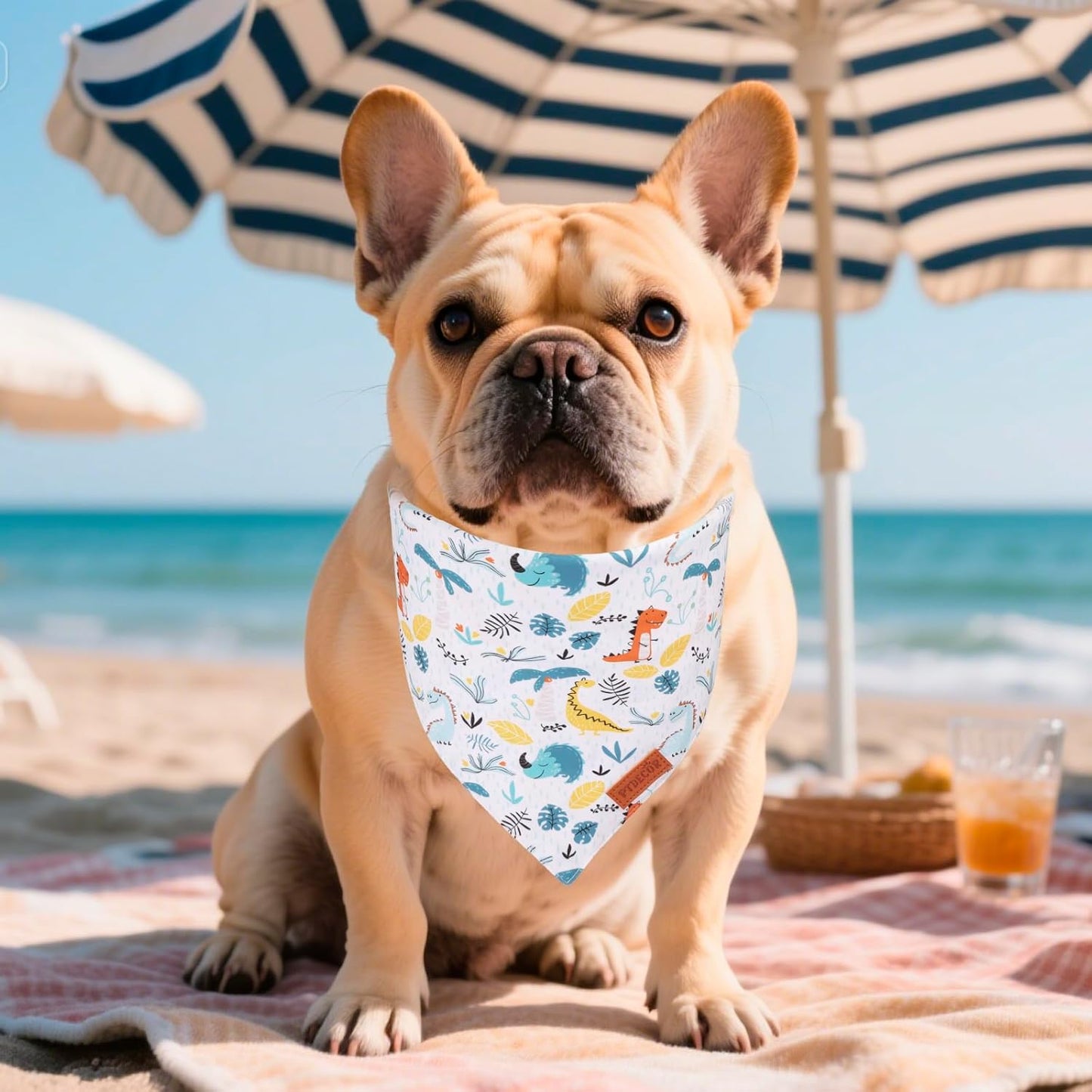 PTDECOR Dinosaurs Dog Bandana, Dinosaurs Design Reversible Pet Scarf Bib, Premium Durable Fabric, Adjustable White Green Bandanas for Small Dogs Puppies Cats(Small)