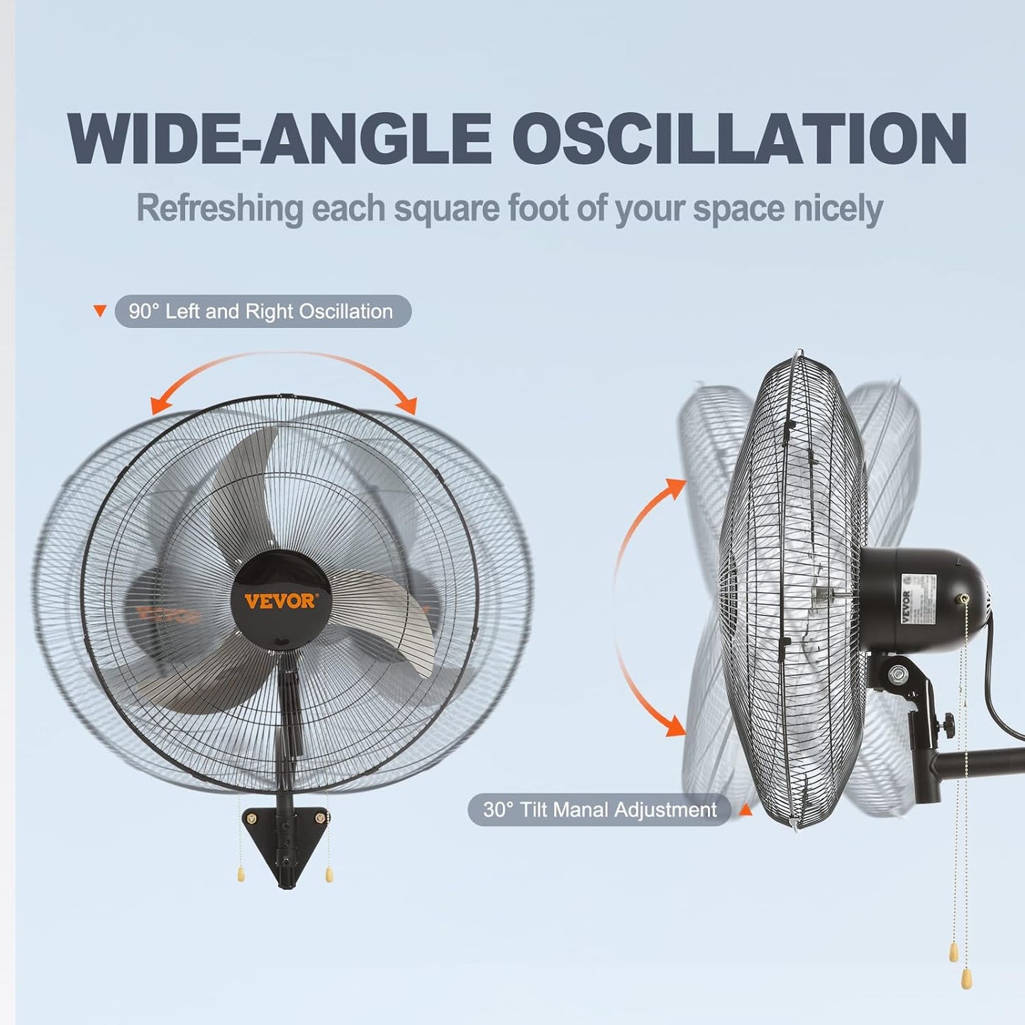 VEVOR 20 inch Wall Mount Fan Oscillating, 3-speed High Velocity Max. 4650 CFM Industrial Wall Fan for Indoor, Commercial, Residential, Warehouse, Greenhouse, Workshop, Basement, Black, ETL Listed