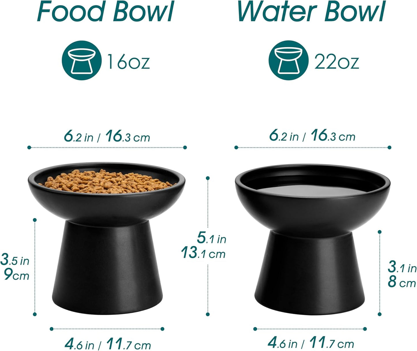 vancasso Ceramic Elevated Cat Bowls 2-Pack - 6.2" Extra Wide Raised Cat Food & Water Dishes, 5.1" Optimal Height Anti-Whisker Fatigue Shallow Bowls for Cats/Kittens/Dogs, Lead & Cadmium Free (Black)