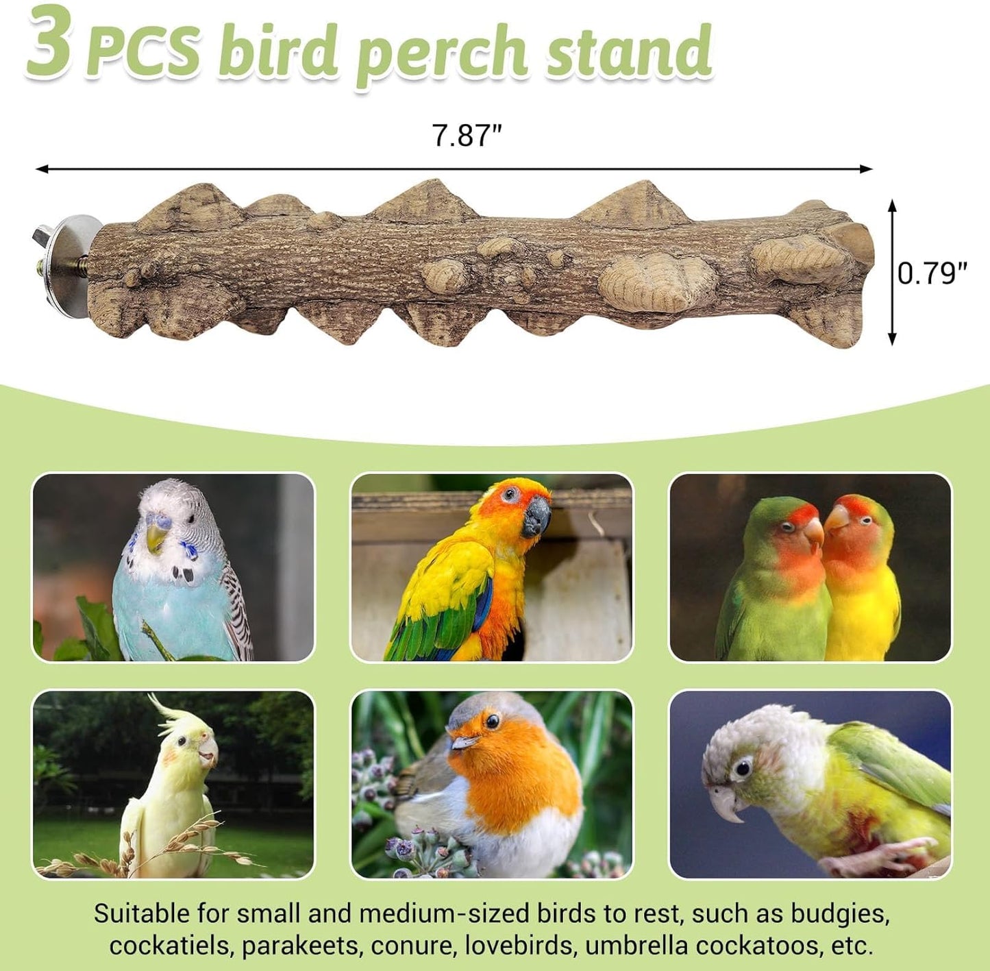 PINVNBY 3Pcs Bird Perches for Cage, Nature Wood Prickly Parrot Stand Toy Paw Grinding Stick for Small Medium Birds Parrot Parakeet Cockatiel Conure Cage Accessory