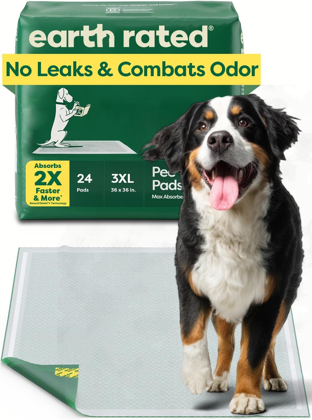 Earth Rated Max Absorbency Puppy Pee Pads for Dogs Absorbs 2X Faster & 2X More, Leak-Proof Odor-Free Potty Training Wee Wee Pad, Unscented, 3XL, 36” x 36”, 24 Count