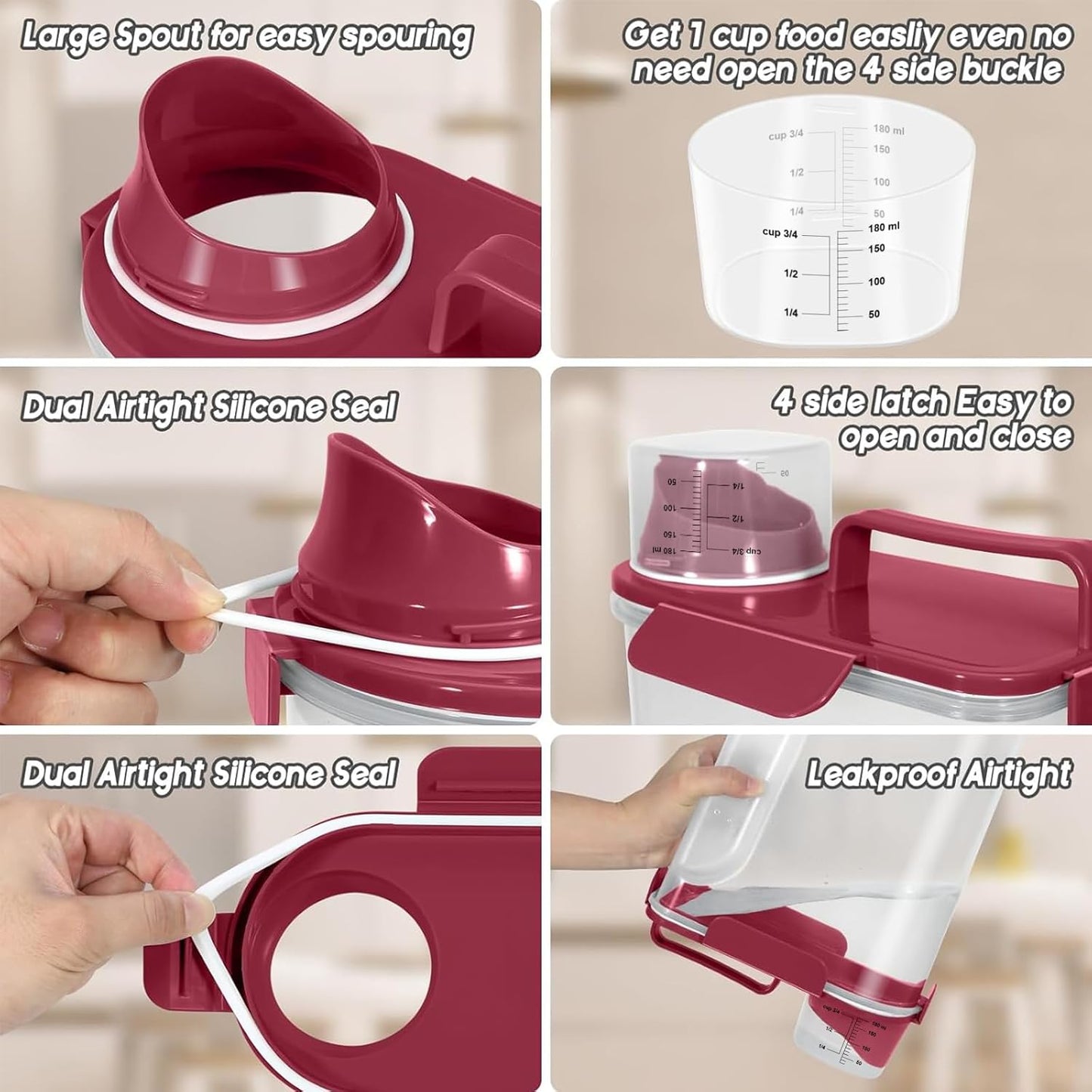 5-7Lbs Dog Cat Food Storage Container with Upgraded Large Nozzle BPA-free, 4 Snap Seals Plastic Pet Food Storage Containers with Handles (1, Elegant Red, 5L)