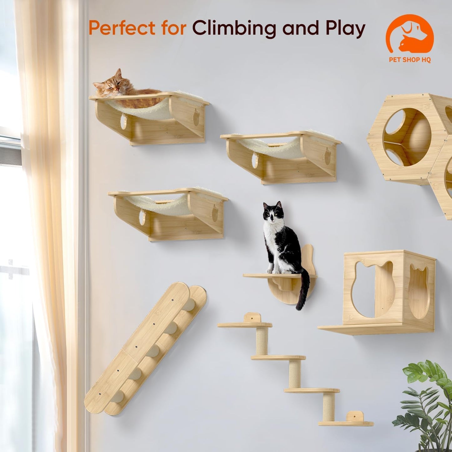 Cat Wall Furniture Set - Bamboo Shelves, Ladders, Cat House, Hammock & More - Space-Saving, Easy Installation, Up to 60lbs