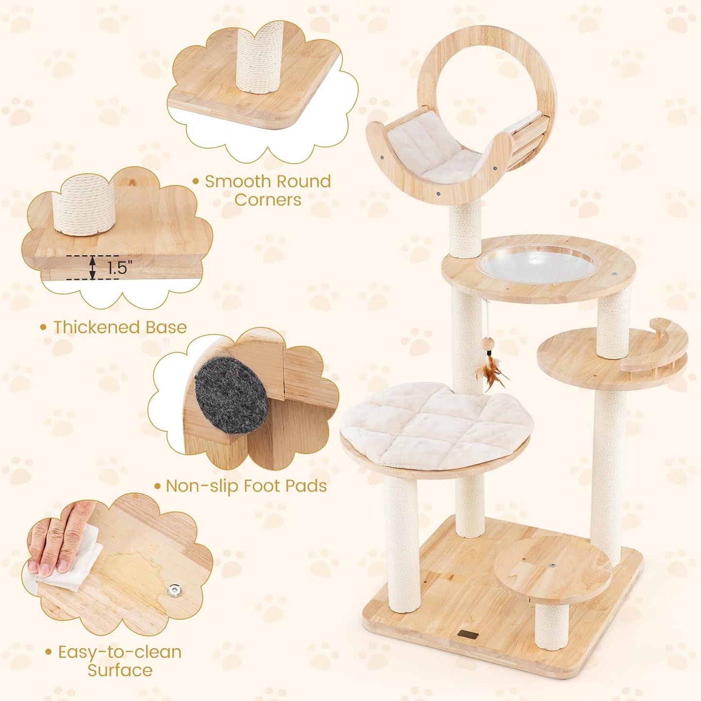 PETSITE 57 Inches Tall Wooden Cat Tree, Multi-Level Cat Tower with Scratching Posts, Space Capsule Bed, Padded Platform and Hanging Ball, Modern Transformable Cat Tree Tower for Indoor Cats Large