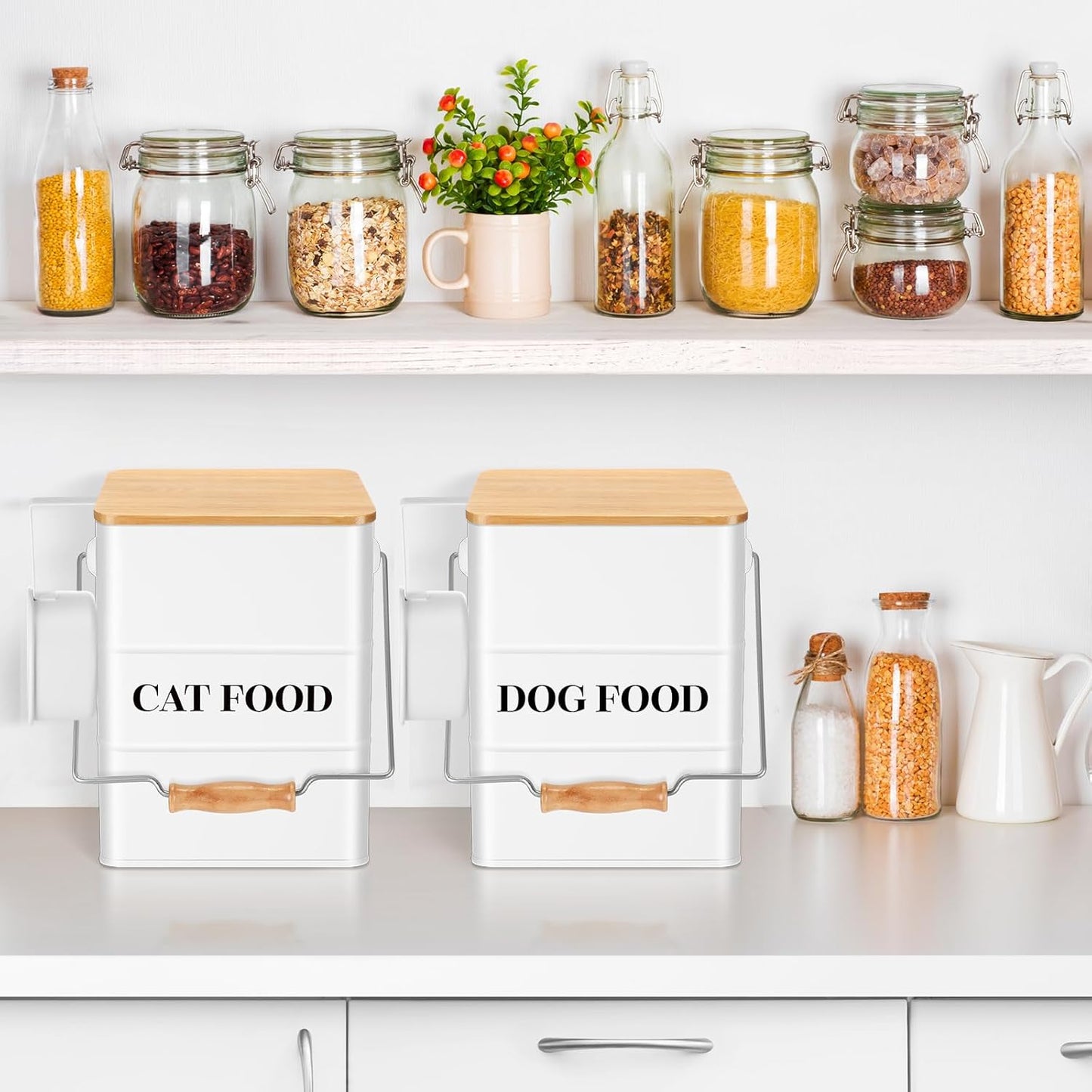 Tioncy 2 Pcs Metal Dog and Cat Food Storage Containers Big Pet Food Containers with Bamboo Lids and Spoon Airtight 5-7 Lbs Dog Cat Treat Snack Jars with DIY Labels for Kitchen Counter(White)