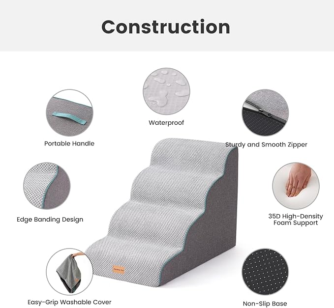 Gardner Pet Dog Stairs for Small Dogs 19.7" H, Curved 4-Step Pet Stairs, Dog Steps for High Bed (18-24 in), Couch with Durable Non-Slip Waterproof Fabric Cover and CertiPUR-US Certified Foam