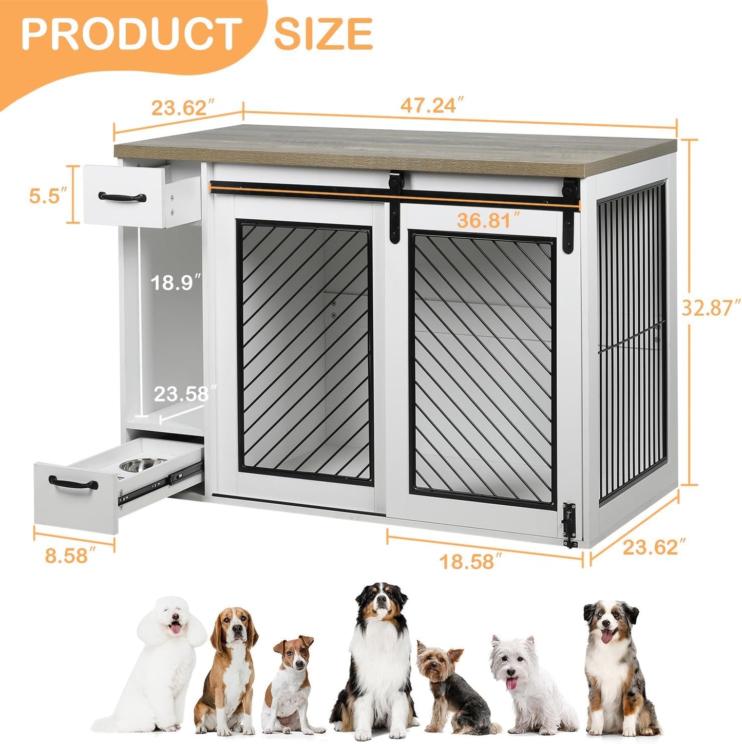 Large Dog Crate, Dog Crates for Medium Dogs, 47.2" Dog Kennel Indoor with Drawers, Feeder Bowls and Storage, 2 Sliding Doors, Heavy Duty Dog Crate Farmhouse Modern Side End Table for Small Medium Dogs
