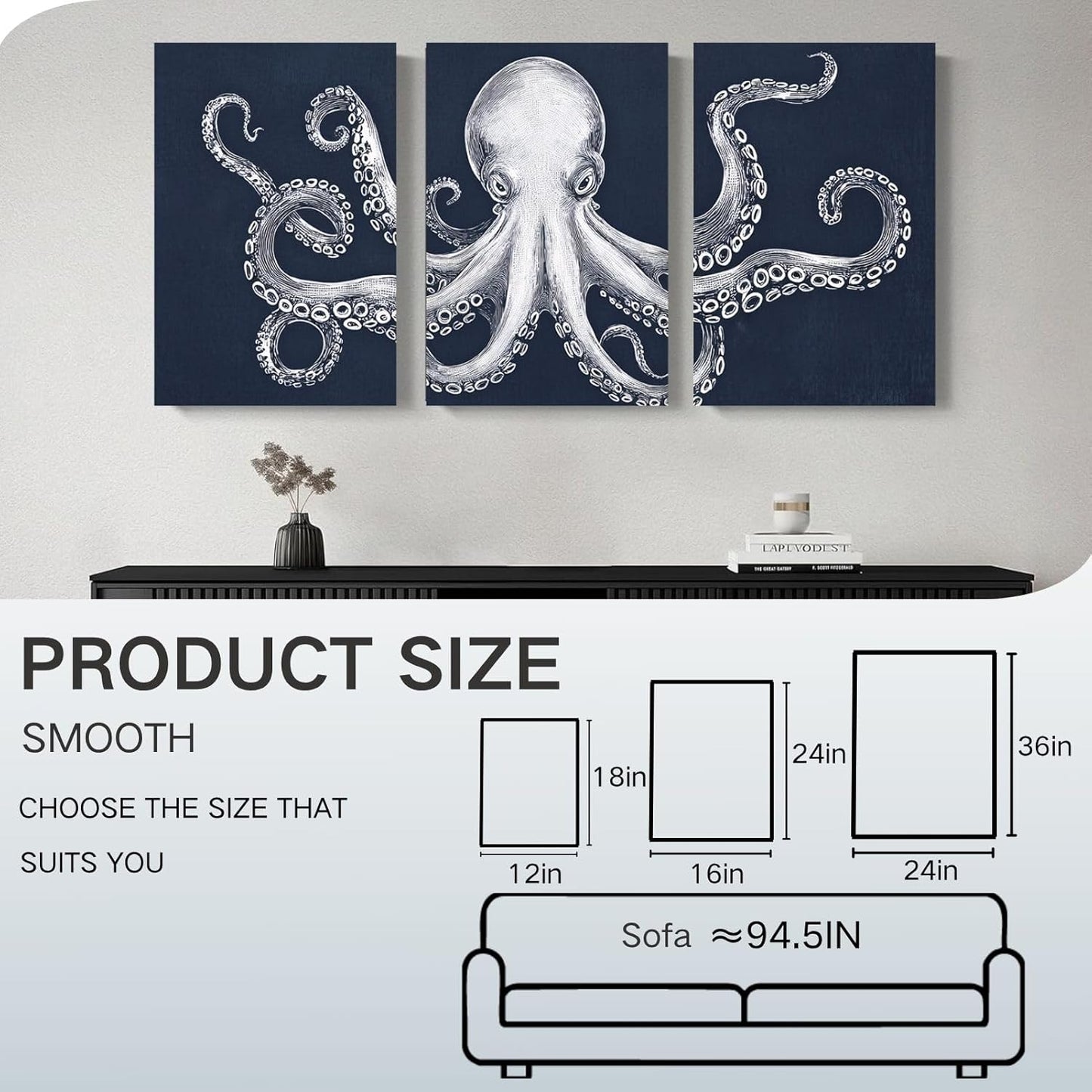 Octopus Wall Decor, Octopus Canvas Wall Art, Ocean Wall Decor,Sea Animal Canvas to Paint for Bathroom, Living Room, Bedroom (16" x 24" x 3 pcs)
