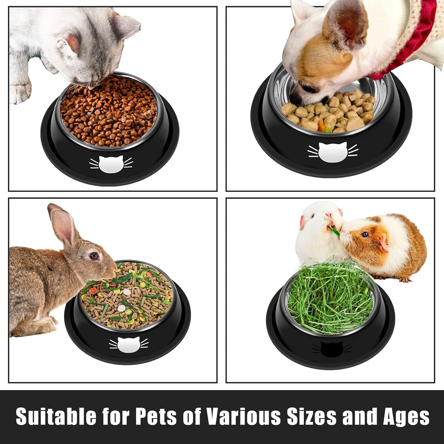 2 Pcs Non-Slip Stainless Steel Small Cat Food Bowls - Unbreakable, Thicken 13 Oz Cat Dishes - Indoor, Removable Rubber Base, Easily Clean, Lovely Color