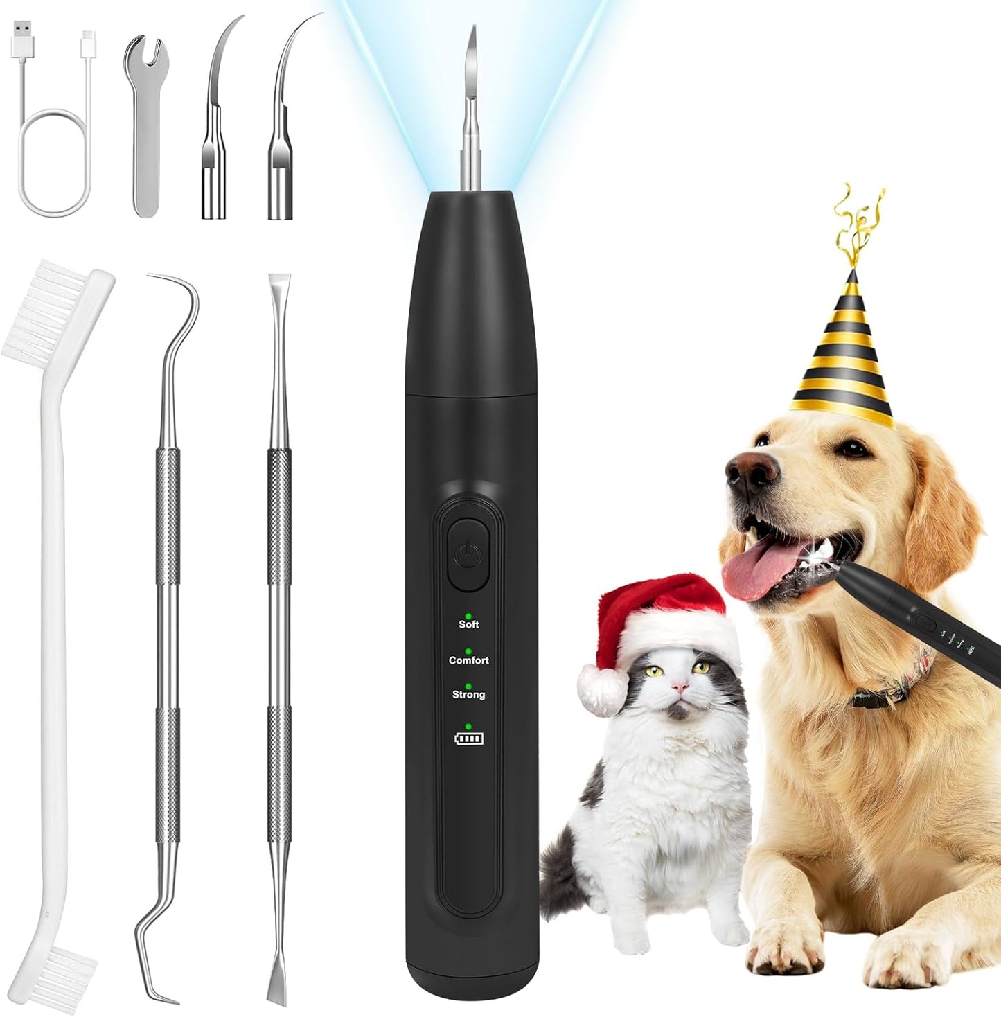 Dog Tooth Brushing Kit,Dogs Teeth Cleaning Kit with Light,3 Modes Doggie Plaque and Tartar Remover for Teeth,Low Noise Dog Teeth Cleaner and Dental Care, Black1