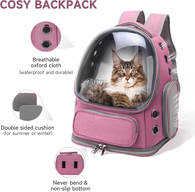 Cat Backpack Carrier, Breathable Cat Carrier Large Space Bubble Pet Backpack for Kitty Small Dog up to 15lbs, Transparent & Foldable Pet Carrier for Travel Hiking（Pink）