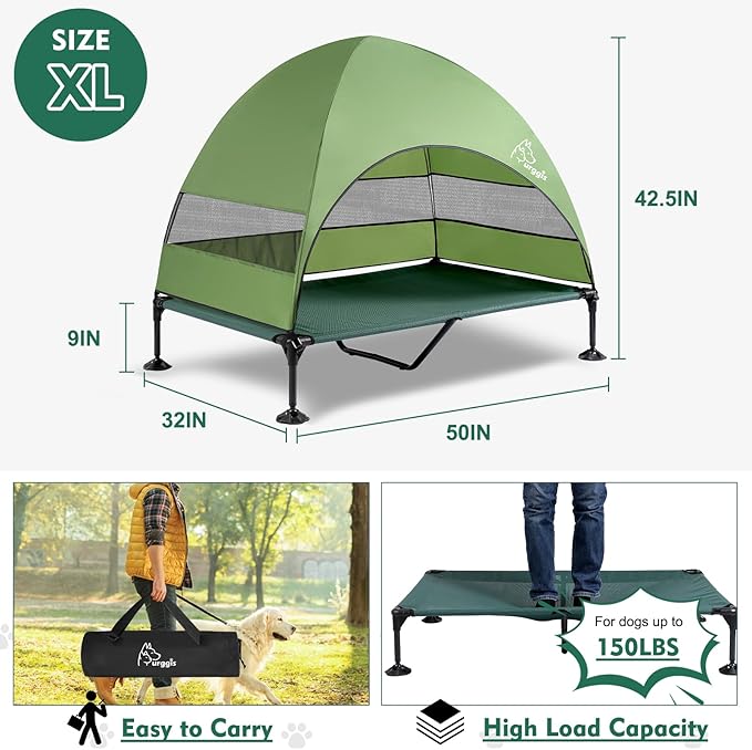 Upgraded Elevated Dog Bed with Canopy, Portable Raised Outdoor Dog Bed with Stable Anti-Slip Feet, Wider Shade Pet Bed Cot, Raised Dog Beds for Large Pets Camping, Indoor & Outdoor Use