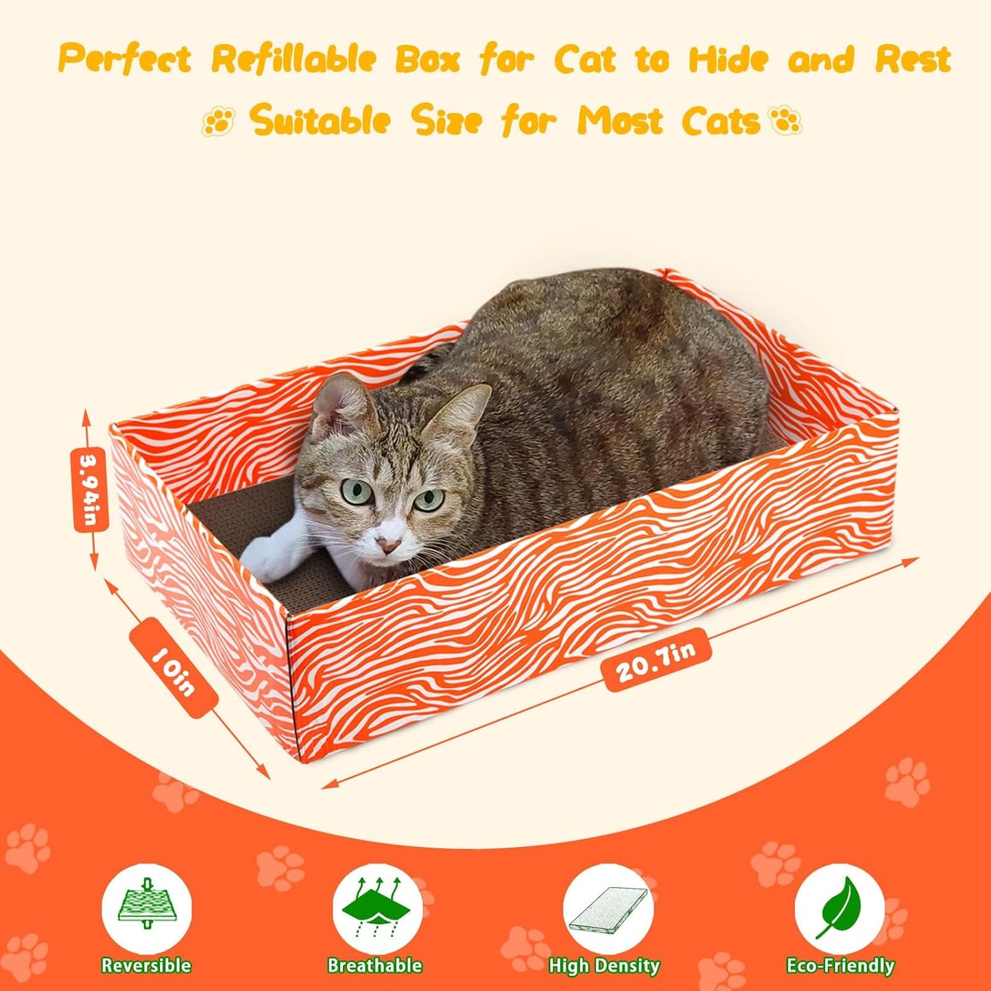Cat Scrather Box with 4 pcs Large Scratching Cardboard and Toy Ball, Catnip, 4 in 1 Large Refillable & Reversible Cat Scratcher Pad, Cardboard Cat Bed for Big Medium Small Lazy Kitty