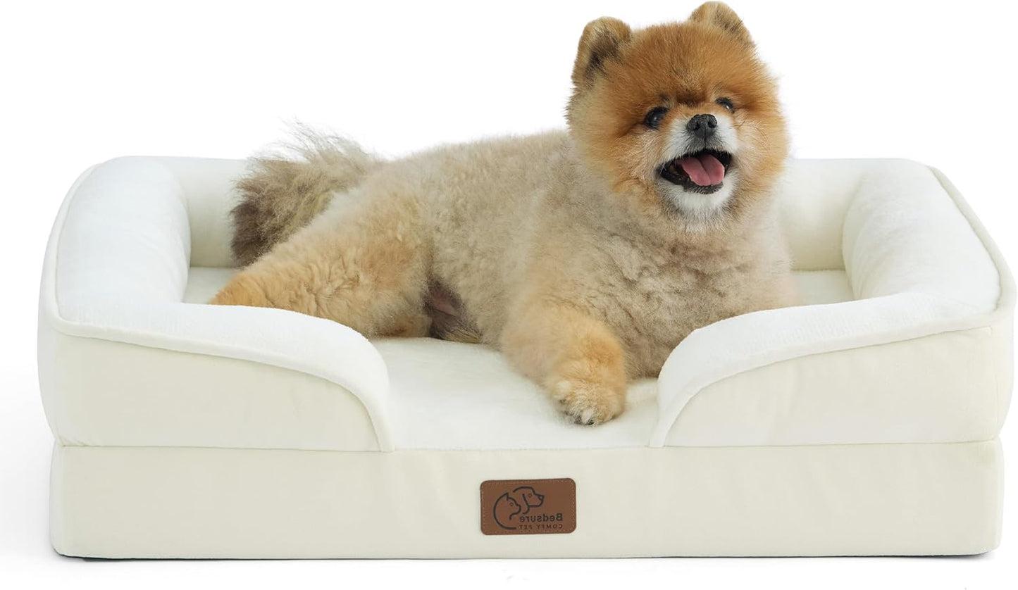 Bedsure Orthopedic Dog Beds for Small Dogs - Washable Small Dog Cat Bed Waterproof, Comfort Pet Couch Sofa with Washable Removable Cover, Pets Bed with Nonskid Bottom, Ivory, 24"