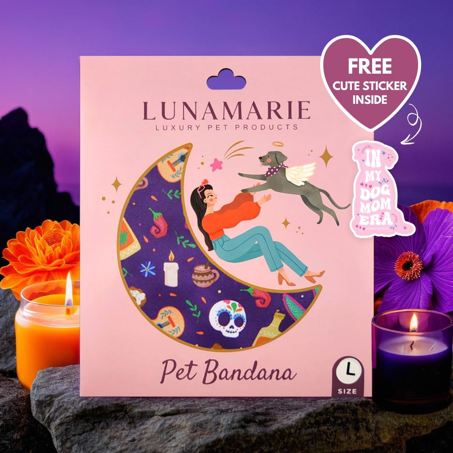 LunaMarie - Luxury Pet Birthday Bandanas -Premium & Silky Poly Fabric | 100% Handmade | Custom Shape Dual Layered (Day of The Dead, Large)