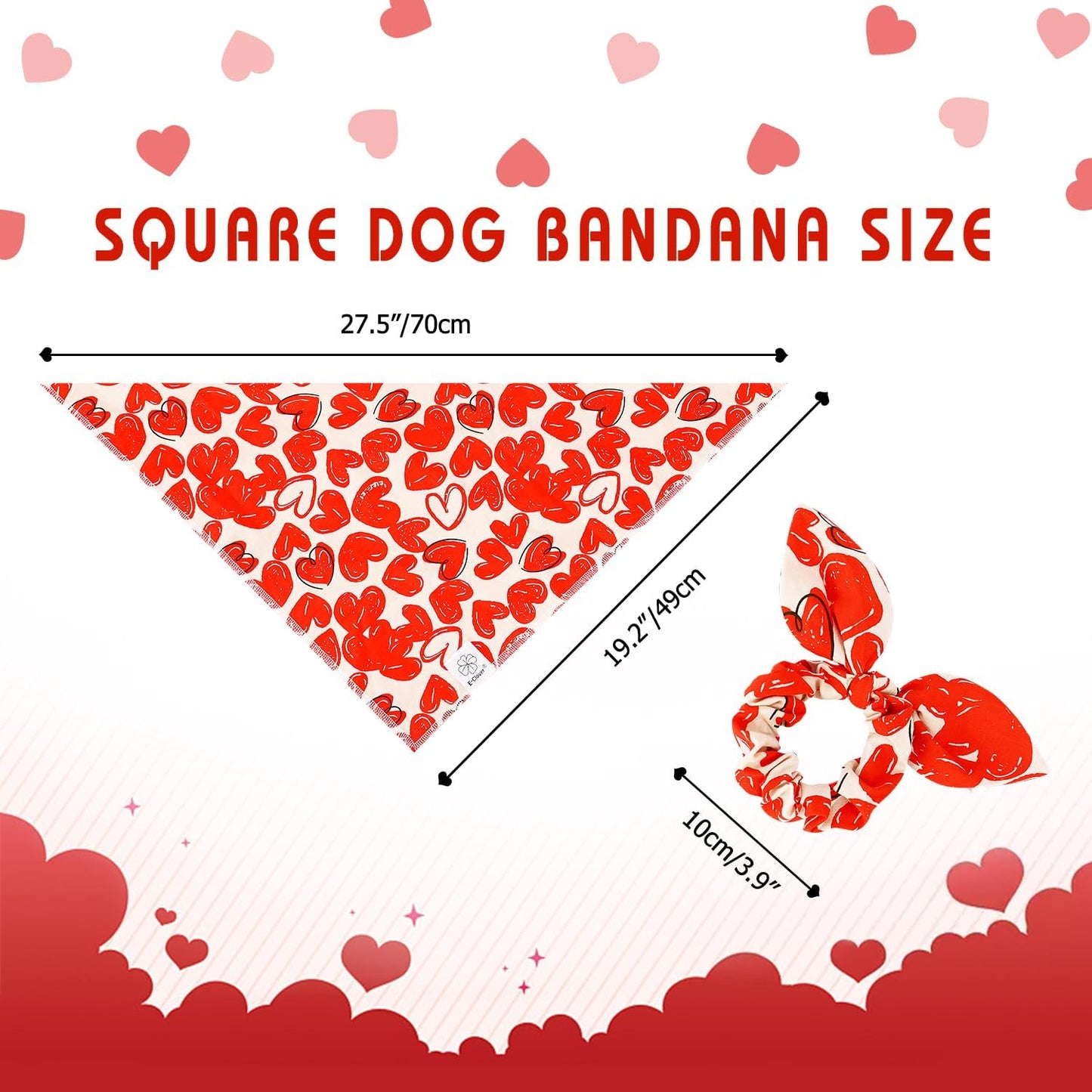 E-Clover Cute Dog Bandana & Matching Scrunchie-Heart Dog Bandanas Red Pet Scarf Bib for Medium Large Dogs Girl Boy Owner Mothers Day Mom Gift