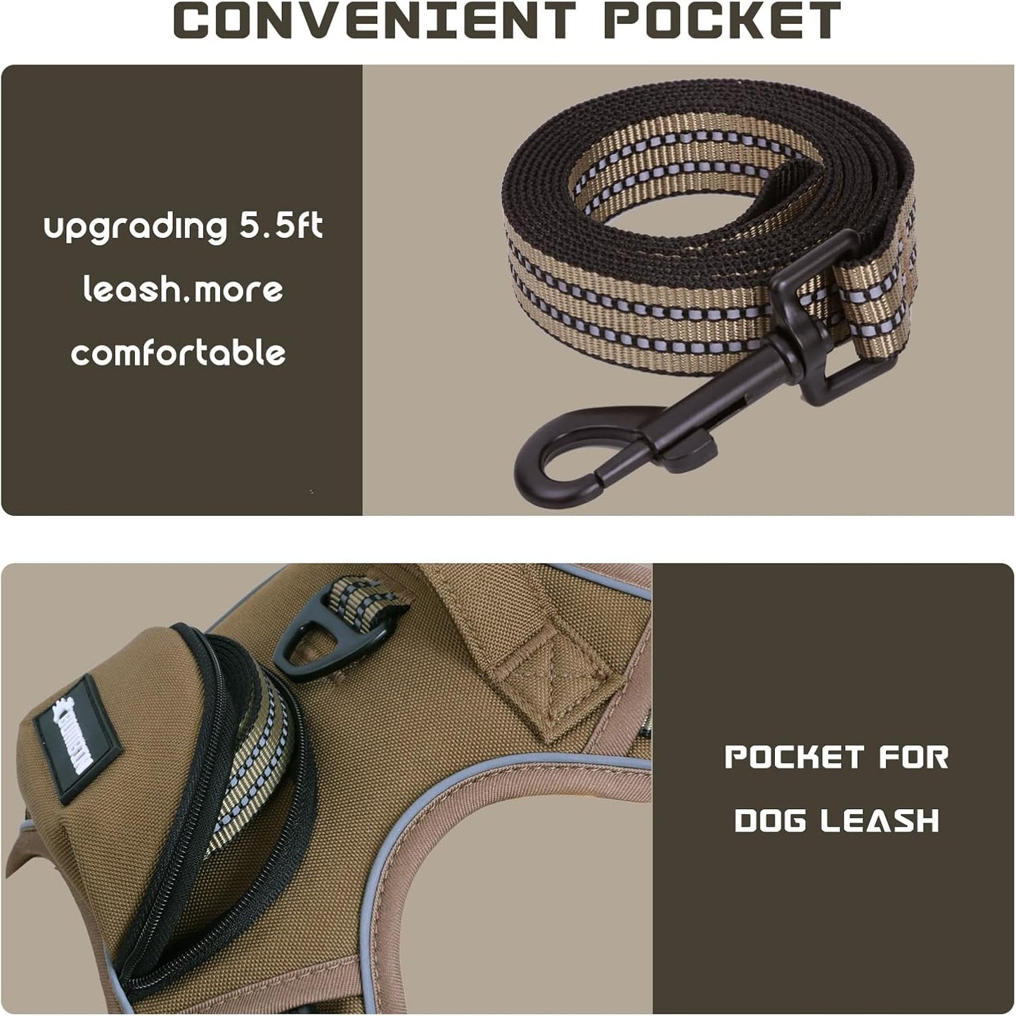 No Pull Dog Harness for Medium Dogs, Adjustable No Choke Pet Vest with Dog Leash Fit Smart Reflective Pet Walking Harness for Training Easy Control Soft Handle Brown M