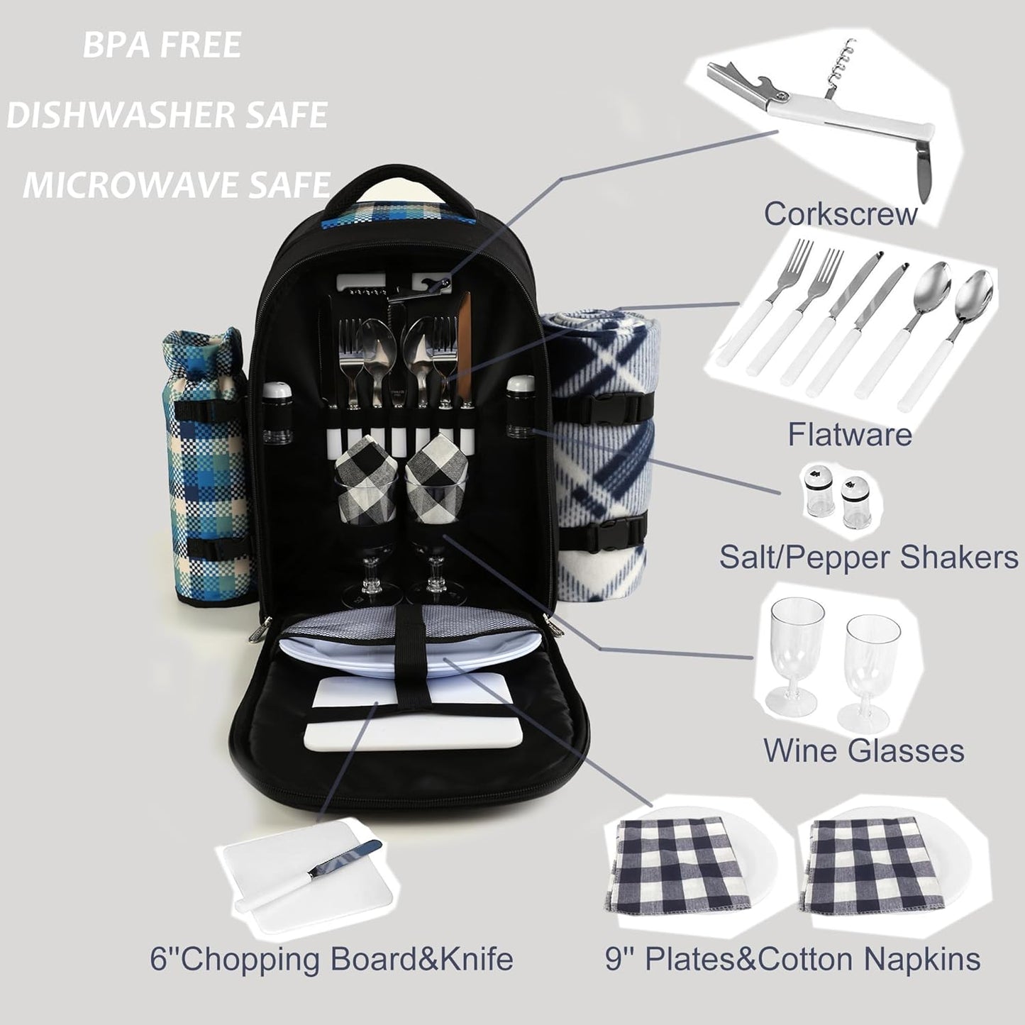 apollo walker Picnic Backpack Bag for 2 Person with Cooler Compartment, Detachable Bottle/Wine Holder, Fleece Blanket, Plates and Cutlery Set