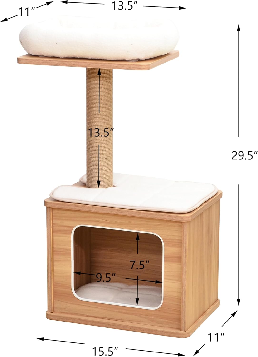 Catry 29.7" Tall 3 Level Laminated Wood Cat Tree with Large Base Condo, 2 Paded Steps, Natural Jute Scratching Post, Sturdy and Easy to Assemble for Small Cat, Brown