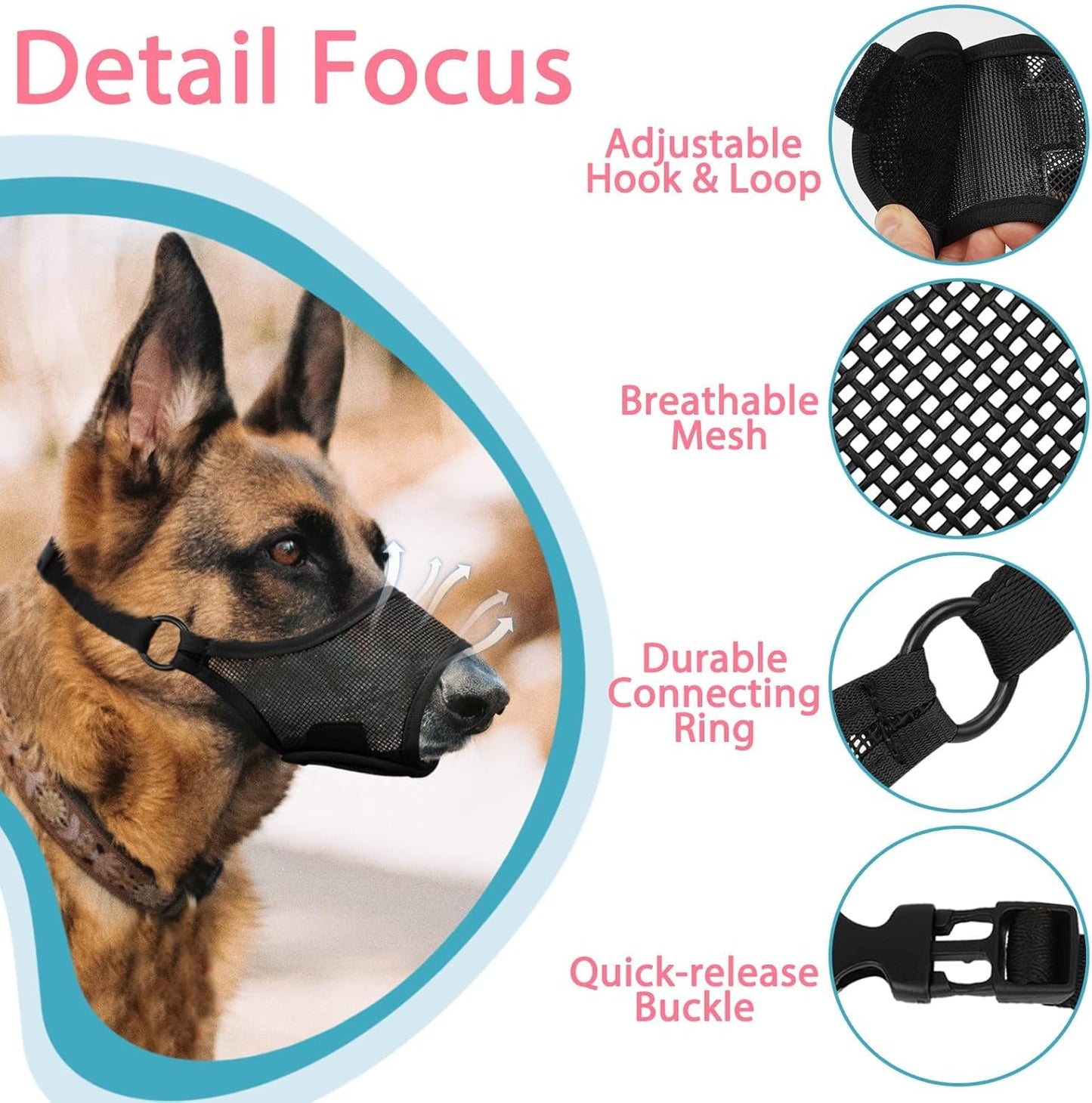 LUCKYPAW Dog Muzzle, Mesh Muzzle for Large Medium Small Dogs, Soft Mouth Guard for Biting Chewing, Breathable Mouth Cover with Adjustable Hook and Loop for Training, Grooming(Black, XS)