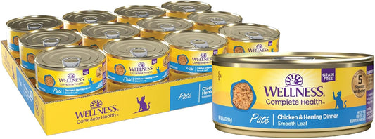 Wellness Complete Health Pate Adult Wet Cat Food, Natural, Protein-Rich, Grain Free, 5.5 Ounce, 24 Pack, (Chicken & Herring)