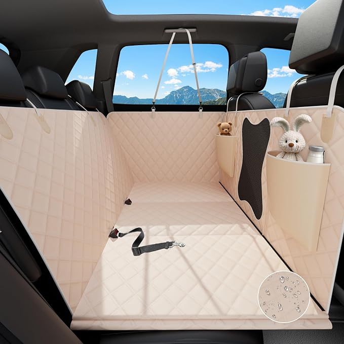 Waterproof Dog Car Seat Cover for Back Seat – Heavy Duty Back Seat Extender for Dogs with Hard Bottom, 7-Layer Protection, Non-Slip & Scratchproof, Easy to Install (Beige)