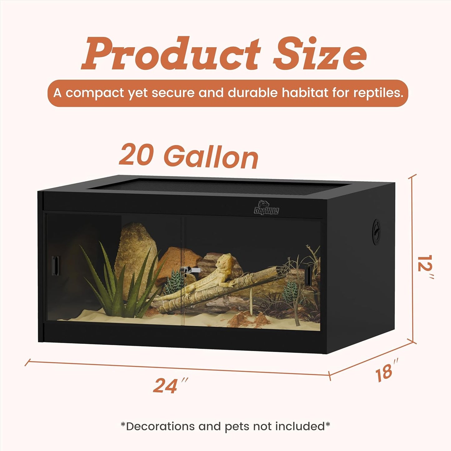 20 Gallon PVC Reptile Enclosure, RepWild 24"x18"x12" Terrarium/Tank with Heavy-Duty Screen Top, Glass Sliding Doors & Lock for Bearded Dragons, Ball Python, Geckos, Lizards