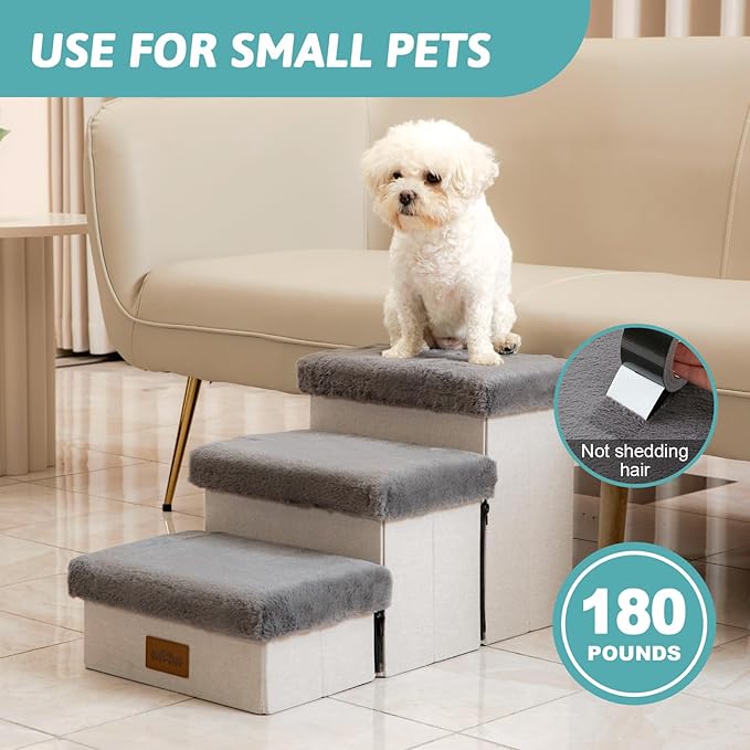 Dog Stair for Small Dogs with Storage, Foldable Pet Step with Soft Cover, Older Cat Ramp for Chair Couch Sofa, Lightweight, Durable, Comfort, 24.8x13x13.6 inch, 3 Tiers, Grey